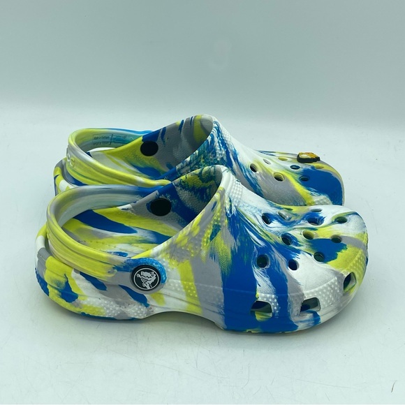 CROCS Classic Clog Youth Size C 12 Marbled Tie Dye Blue Yellow + Super Sonic - Picture 2 of 12